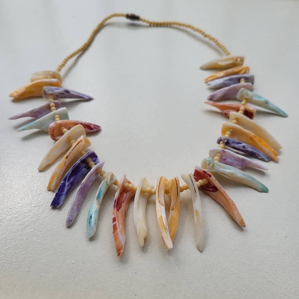 vintage Shell Shard Necklace Multicolor Boho Coastal Fringe Pastel